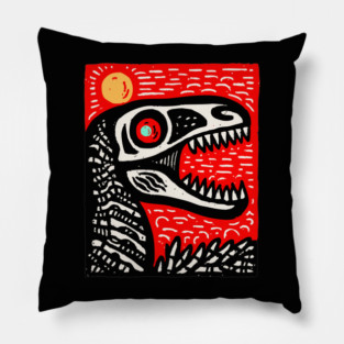 Aggressive T-Rex Skull - Red & Black Linocut Dinosaur Art Pillow