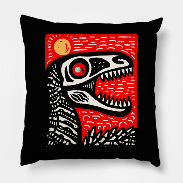 Aggressive T-Rex Skull - Red & Black Linocut Dinosaur Art Pillow by TuncGK