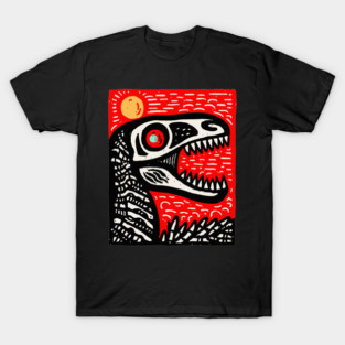 Aggressive T-Rex Skull - Red & Black Linocut Dinosaur Art T-Shirt