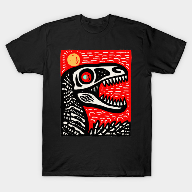Aggressive T-Rex Skull - Red & Black Linocut Dinosaur Art T-Shirt by TuncGK