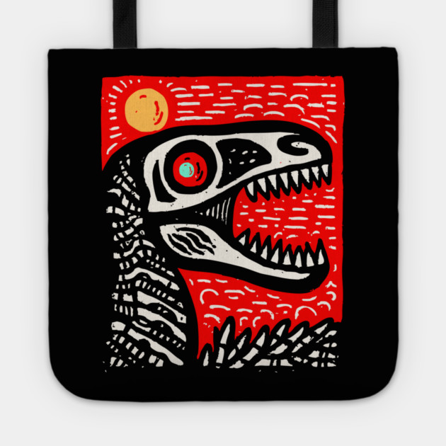 Aggressive T-Rex Skull - Red & Black Linocut Dinosaur Art Tote by TuncGK