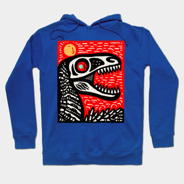 Aggressive T-Rex Skull - Red & Black Linocut Dinosaur Art Hoodie by TuncGK