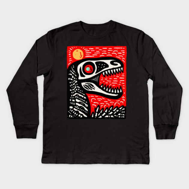 Aggressive T-Rex Skull - Red & Black Linocut Dinosaur Art Kids Long Sleeve T-Shirt by TuncGK