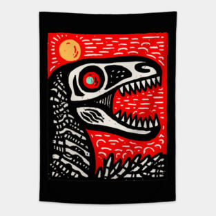 Aggressive T-Rex Skull - Red & Black Linocut Dinosaur Art Tapestry