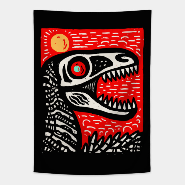 Aggressive T-Rex Skull - Red & Black Linocut Dinosaur Art Tapestry by TuncGK