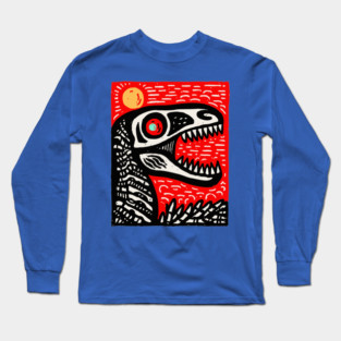 Aggressive T-Rex Skull - Red & Black Linocut Dinosaur Art Long Sleeve T-Shirt