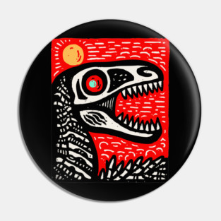 Aggressive T-Rex Skull - Red & Black Linocut Dinosaur Art Pin