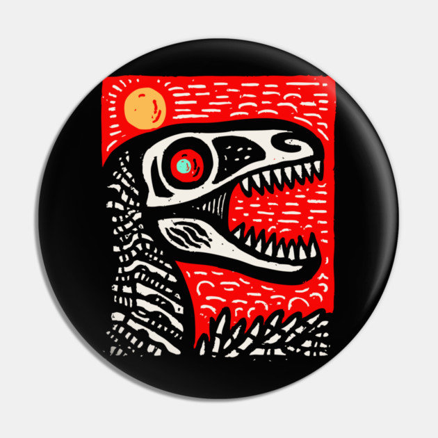 Aggressive T-Rex Skull - Red & Black Linocut Dinosaur Art Pin by TuncGK