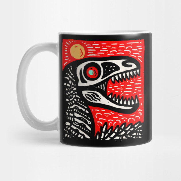 Aggressive T-Rex Skull - Red & Black Linocut Dinosaur Art by TuncGK