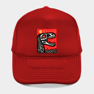 Aggressive T-Rex Skull - Red & Black Linocut Dinosaur Art Hat