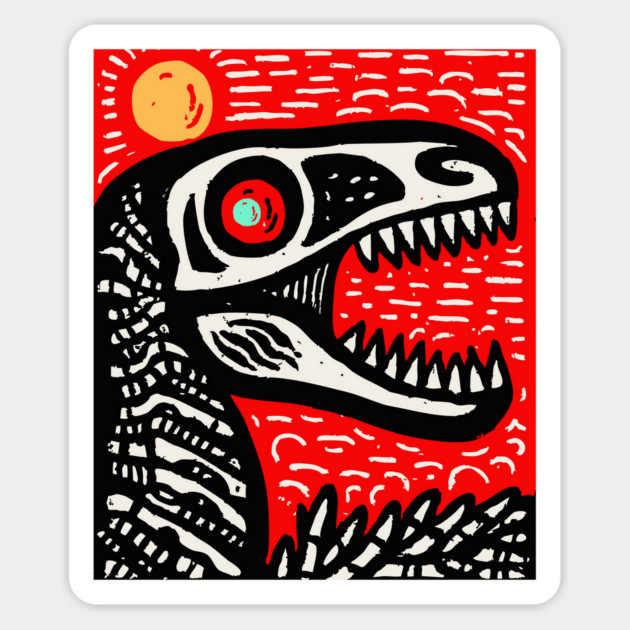 Aggressive T-Rex Skull - Red & Black Linocut Dinosaur Art Magnet by TuncGK
