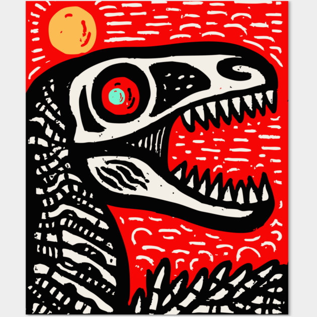 Aggressive T-Rex Skull - Red & Black Linocut Dinosaur Art Wall Art by TuncGK