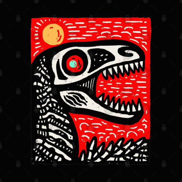 Aggressive T-Rex Skull - Red & Black Linocut Dinosaur Art by TuncGK