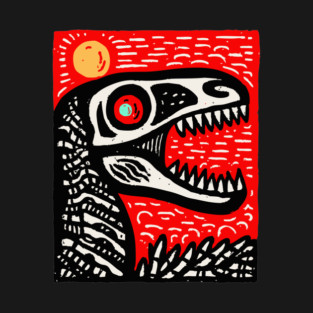Aggressive T-Rex Skull - Red & Black Linocut Dinosaur Art T-Shirt