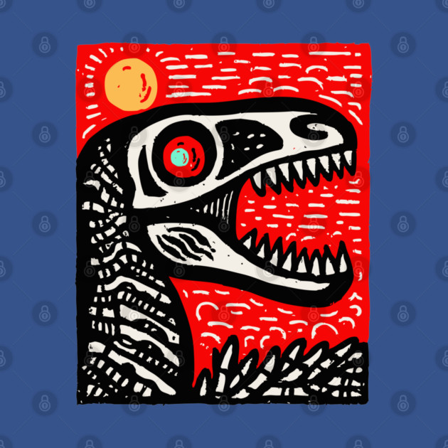 Aggressive T-Rex Skull - Red & Black Linocut Dinosaur Art by TuncGK
