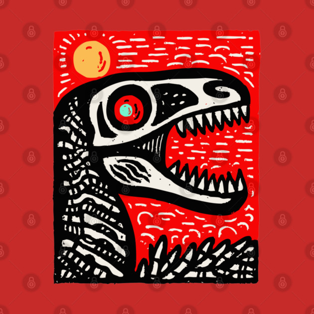 Aggressive T-Rex Skull - Red & Black Linocut Dinosaur Art by TuncGK