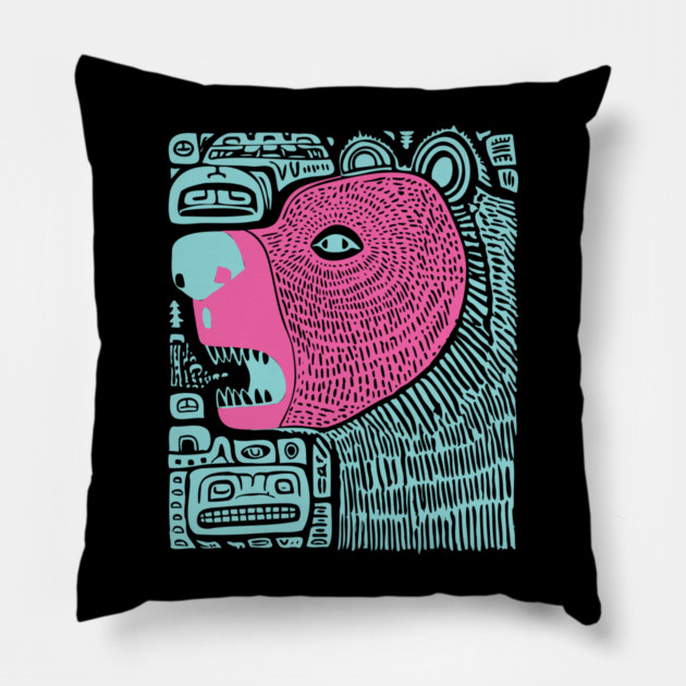 Spirit Bear Totem - Abstract Tribal Art Pillow by TuncGK