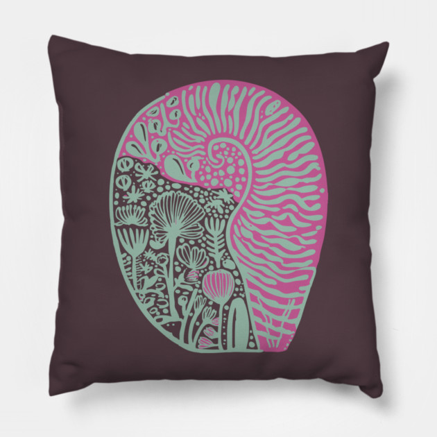 Visionary Nautilus Shell - Sacred Geometry Botanical Art Pillow by TuncGK