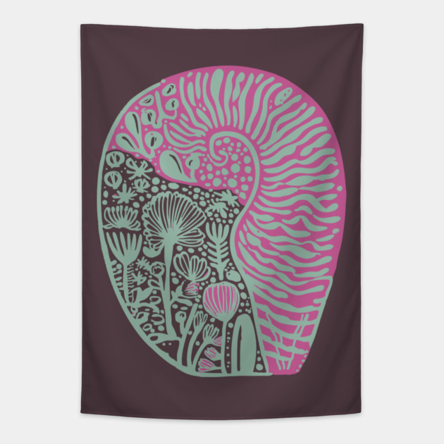 Visionary Nautilus Shell - Sacred Geometry Botanical Art Tapestry by TuncGK