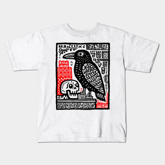 Gothic Raven and Skull - Dark Academia Linocut Print Kids T-Shirt by TuncGK