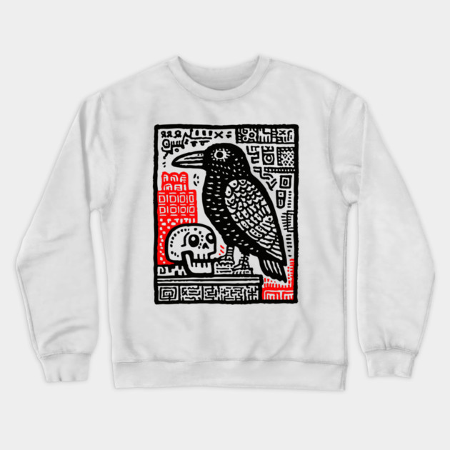Gothic Raven and Skull - Dark Academia Linocut Print Crewneck Sweatshirt by TuncGK