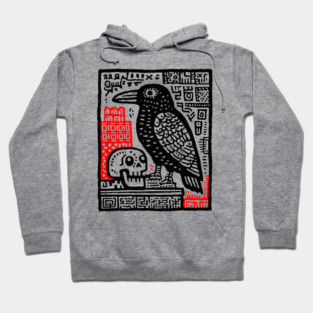 Gothic Raven and Skull - Dark Academia Linocut Print Hoodie