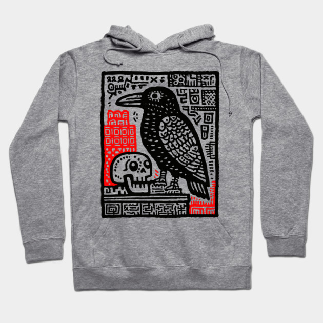 Gothic Raven and Skull - Dark Academia Linocut Print Hoodie by TuncGK