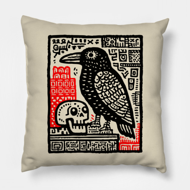 Gothic Raven and Skull - Dark Academia Linocut Print Pillow by TuncGK