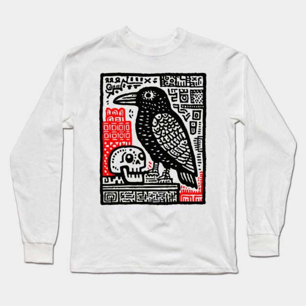 Gothic Raven and Skull - Dark Academia Linocut Print Long Sleeve T-Shirt by TuncGK