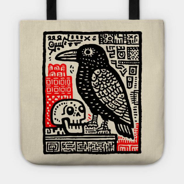 Gothic Raven and Skull - Dark Academia Linocut Print Tote by TuncGK