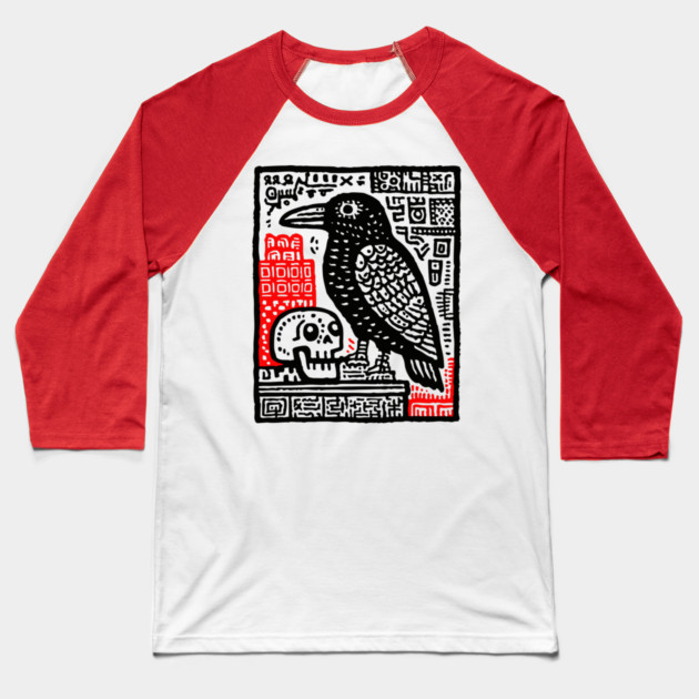 Gothic Raven and Skull - Dark Academia Linocut Print Baseball T-Shirt by TuncGK