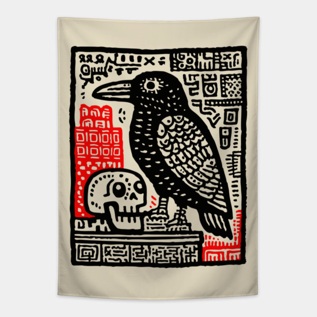Gothic Raven and Skull - Dark Academia Linocut Print Tapestry by TuncGK