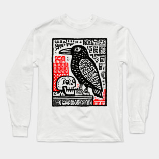 Gothic Raven and Skull - Dark Academia Linocut Print Long Sleeve T-Shirt