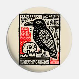 Gothic Raven and Skull - Dark Academia Linocut Print Pin