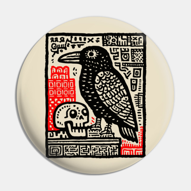 Gothic Raven and Skull - Dark Academia Linocut Print Pin by TuncGK