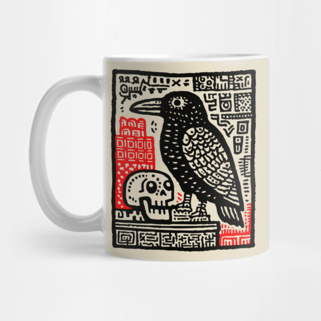 Gothic Raven and Skull - Dark Academia Linocut Print by TuncGK