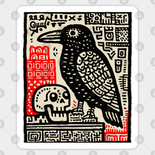 Gothic Raven and Skull - Dark Academia Linocut Print Sticker by TuncGK