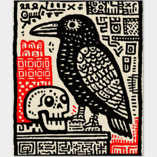 Gothic Raven and Skull - Dark Academia Linocut Print Posters and Art