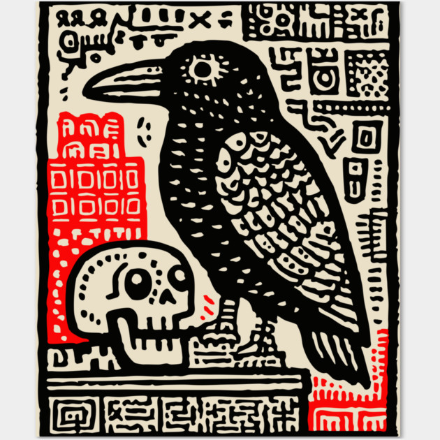 Gothic Raven and Skull - Dark Academia Linocut Print Wall Art by TuncGK