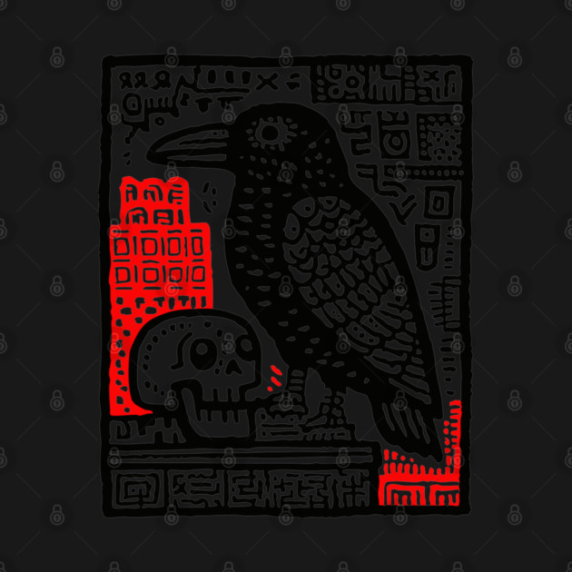 Gothic Raven and Skull - Dark Academia Linocut Print by TuncGK
