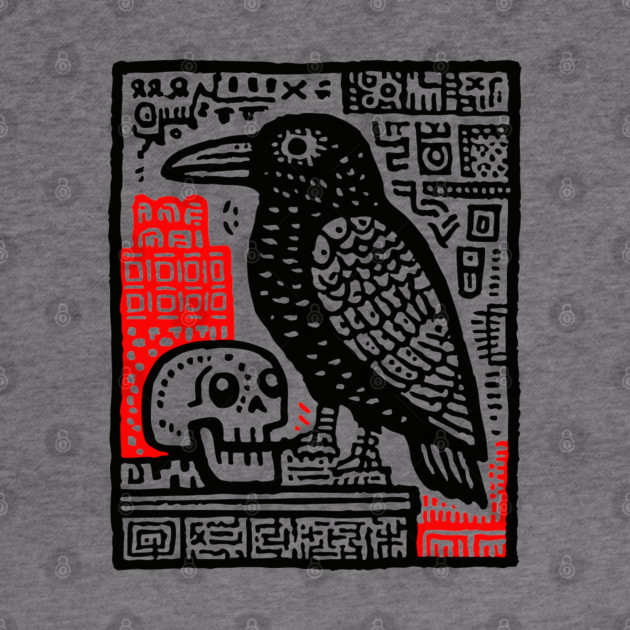 Gothic Raven and Skull - Dark Academia Linocut Print by TuncGK