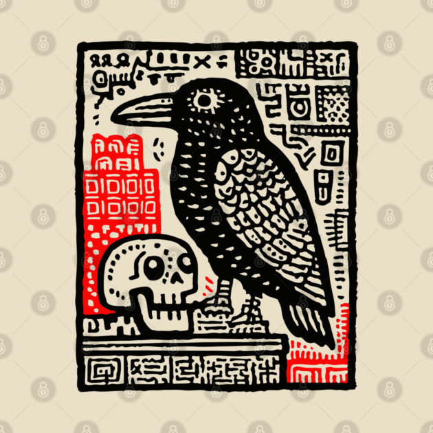 Gothic Raven and Skull - Dark Academia Linocut Print by TuncGK