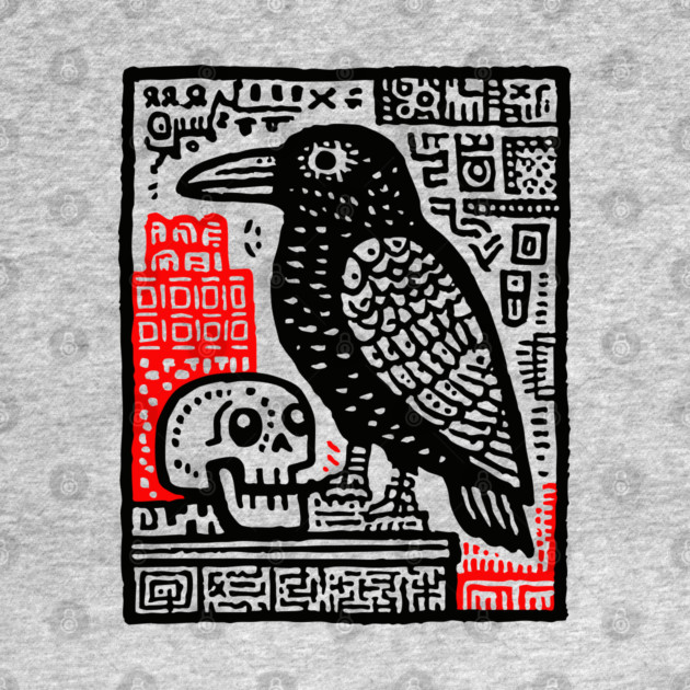 Gothic Raven and Skull - Dark Academia Linocut Print by TuncGK