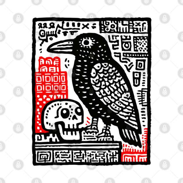 Gothic Raven and Skull - Dark Academia Linocut Print by TuncGK