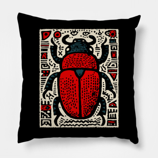 Egyptian Scarab Beetle - Ancient Hieroglyph Linocut Pillow by TuncGK