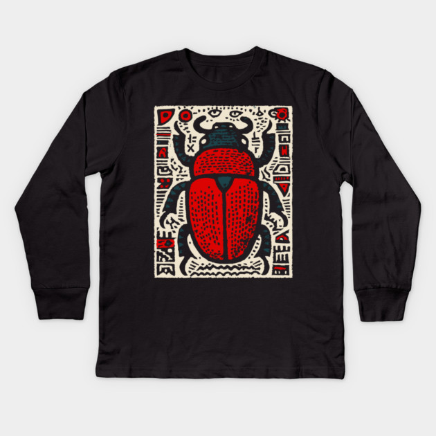 Egyptian Scarab Beetle - Ancient Hieroglyph Linocut Kids Long Sleeve T-Shirt by TuncGK