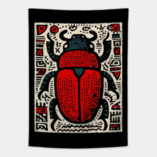Egyptian Scarab Beetle - Ancient Hieroglyph Linocut Tapestry