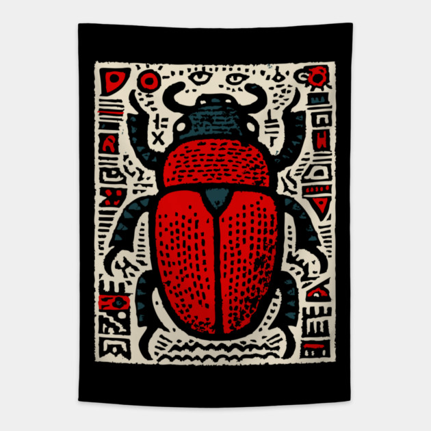 Egyptian Scarab Beetle - Ancient Hieroglyph Linocut Tapestry by TuncGK