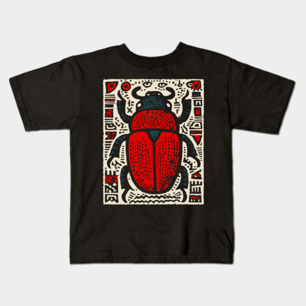 Egyptian Scarab Beetle - Ancient Hieroglyph Linocut Kids T-Shirt by TuncGK