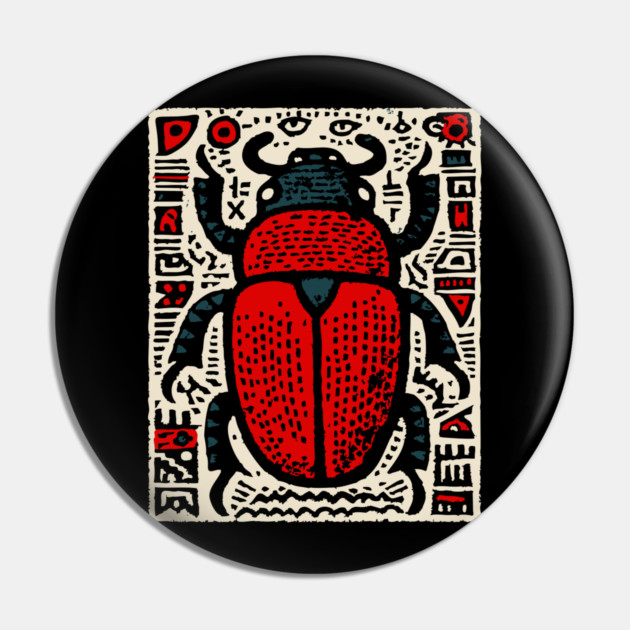 Egyptian Scarab Beetle - Ancient Hieroglyph Linocut Pin by TuncGK